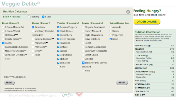 Subway Ingredients Chart